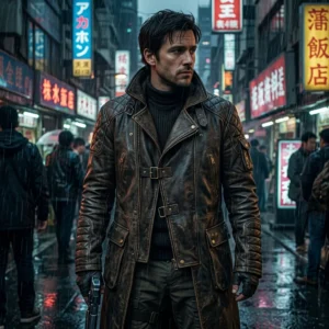 Men's Blade Runner Inspired Cyberpunk Distressed Brown Leather Trench Coat