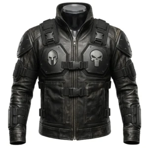 Men's Rugged Military-Style Black Leather Utility Jacket