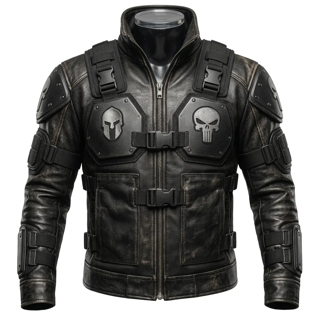 Men's Rugged Military-Style Black Leather Utility Jacket
