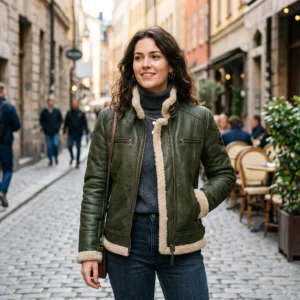 Women's Olive Green Shearling Café Racer Leather Jacket