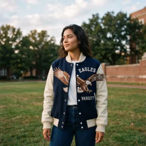 Women’s Navy Blue & Cream Embroidered Eagle Varsity Jacket