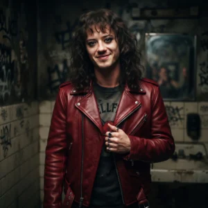 Eddie Munson Inspired Men's Burgundy Leather Biker Jacket
