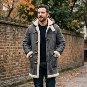 Men’s Charcoal Grey Hooded Shearling Duffle Coat