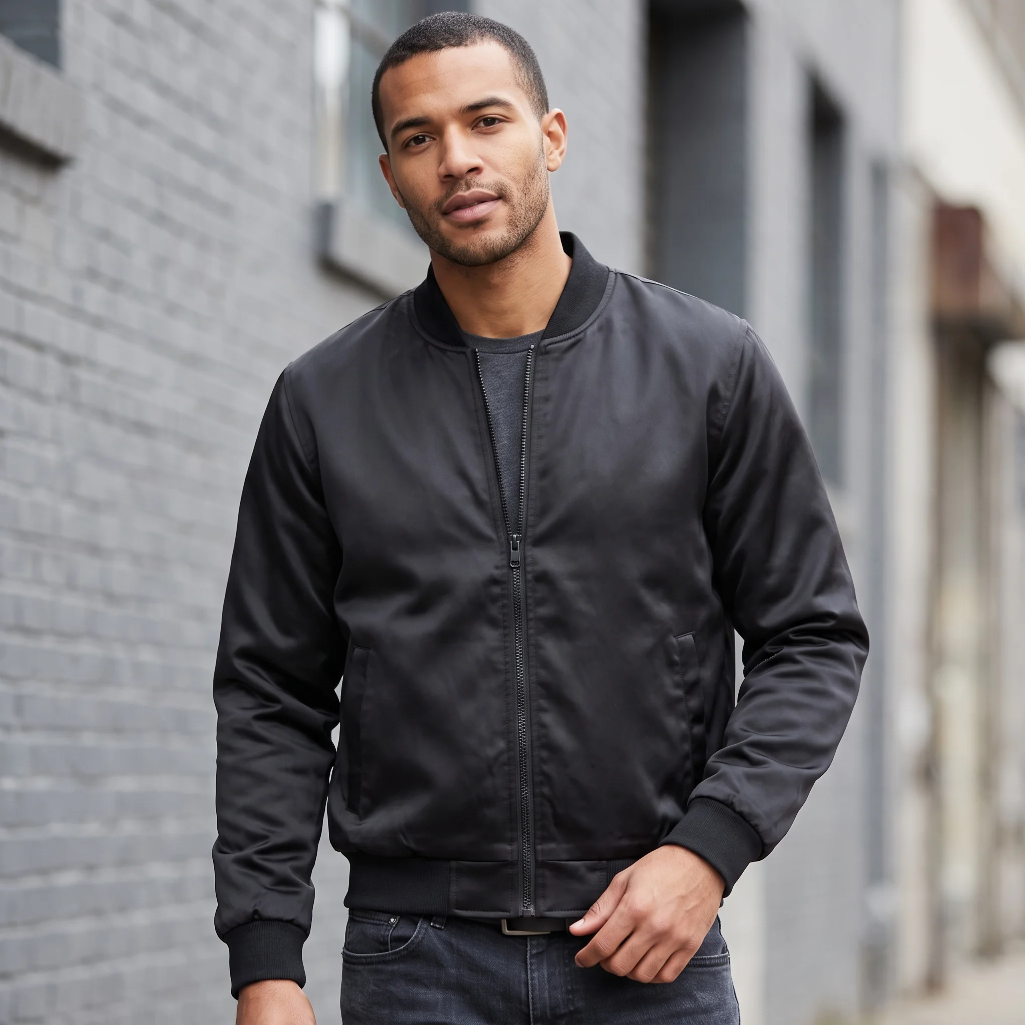 Men's Classic Black Satin Bomber Jacket