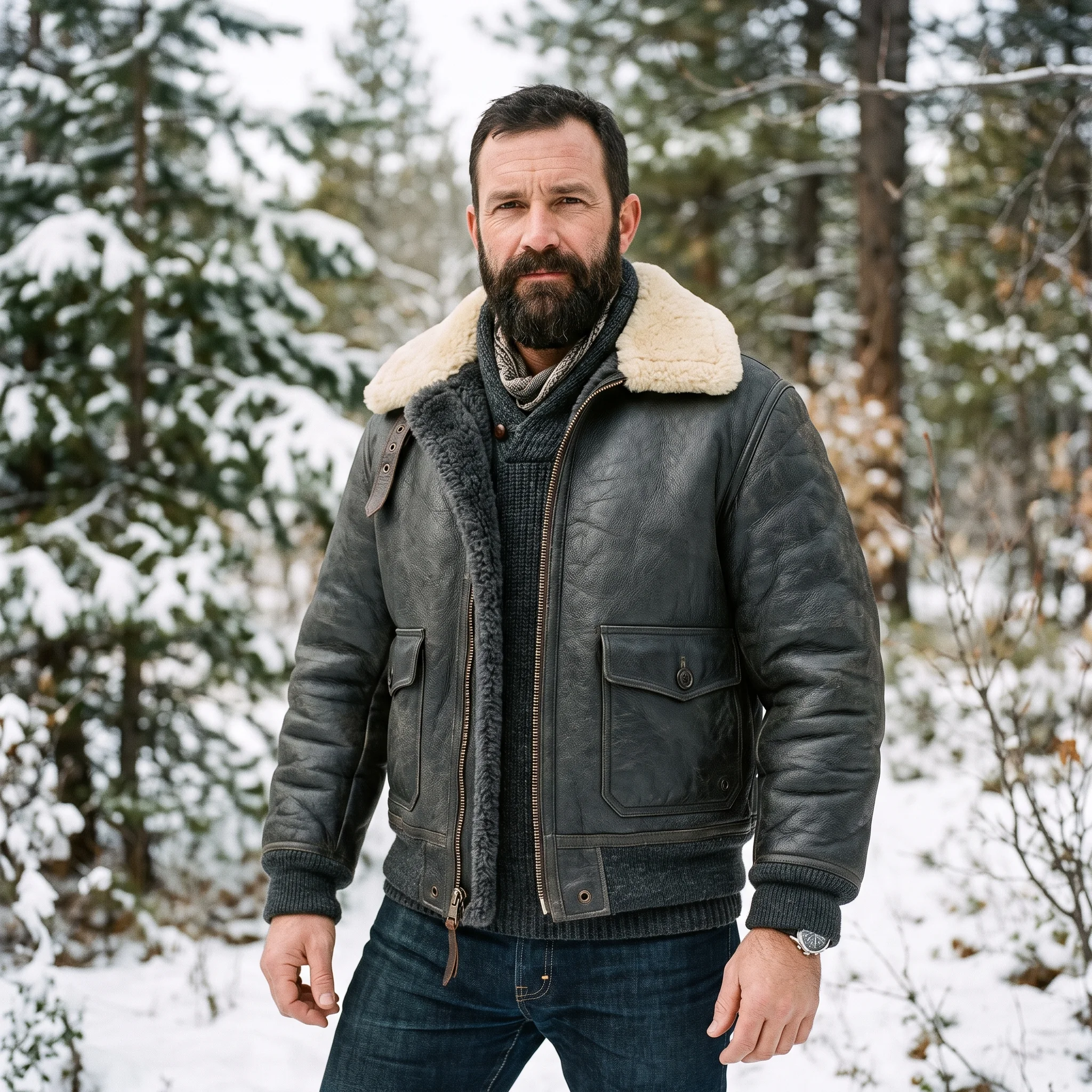Men's Charcoal Slate B-10 Sheepskin Flight Leather Jacket