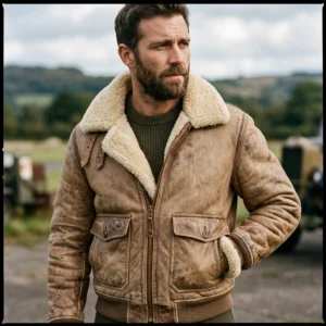 Men's Hand-Distressed Light Brown Aviator Leather Bomber Jacket