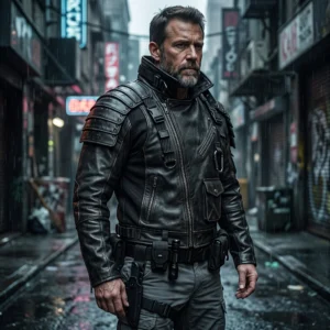 Men’s Tactical Samurai Armor Distressed Black Leather Jacket