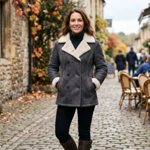 Women’s Charcoal Grey Double-Breasted Suede Shearling Peacoat
