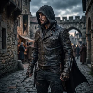 Midnight Black Assassin Style Hooded Leather Jacket
