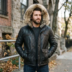 Men’s Black Leather Jacket with Faux Fur Hood