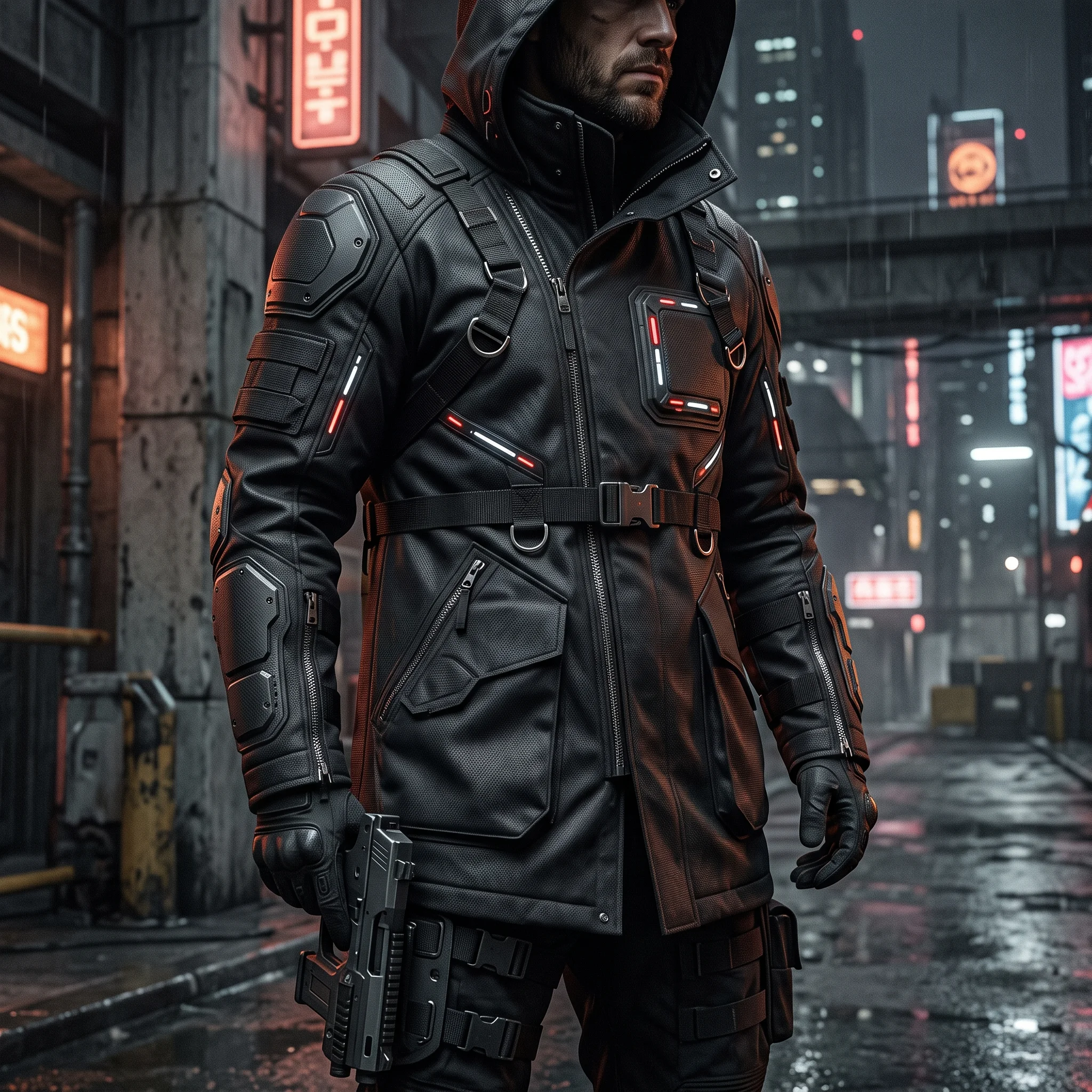 Men’s Futuristic Black Tactical Armored Coat with Hood