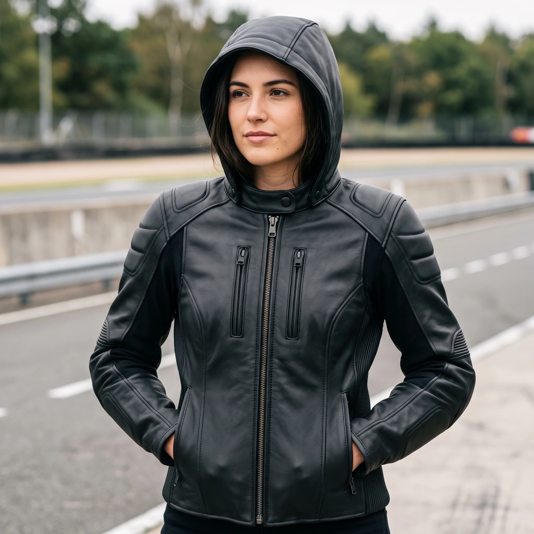 Women’s Black Hooded Racing Leather Jacket