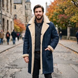 Men’s Navy Blue Long Suede Shearling Coat