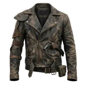 Men's Distressed Brown Leather Wasteland Rider Jacket with Shoulder Armor