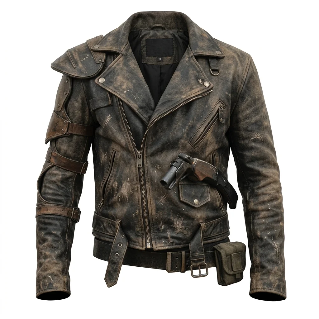 Men's Distressed Brown Leather Wasteland Rider Jacket with Shoulder Armor