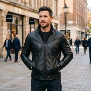 Men’s Black Funnel Neck Leather Jacket