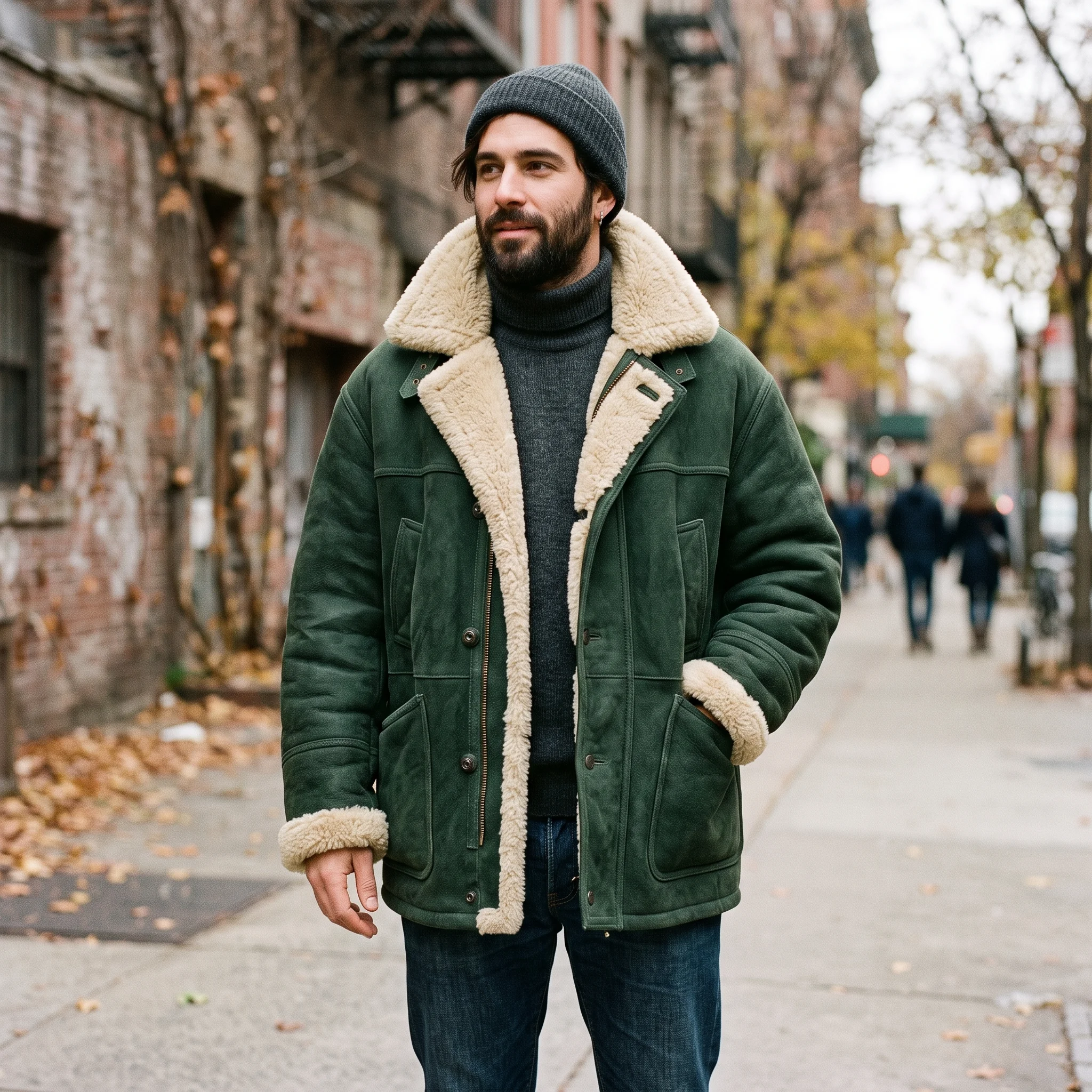 Men’s Forest Green Oversized Shearling Suede Coat