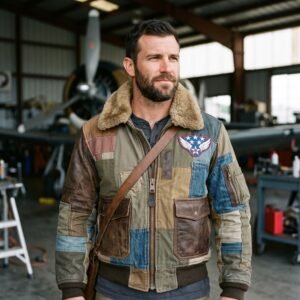 Men's Patchwork Flight Bomber Jacket with Shearling Collar