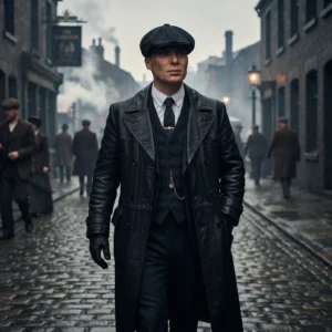 Men's Classic Double-Breasted Jet Black Royalex Leather Trench Coat