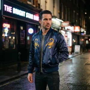 Midnight Blue Scorpion Satin Bomber Jacket