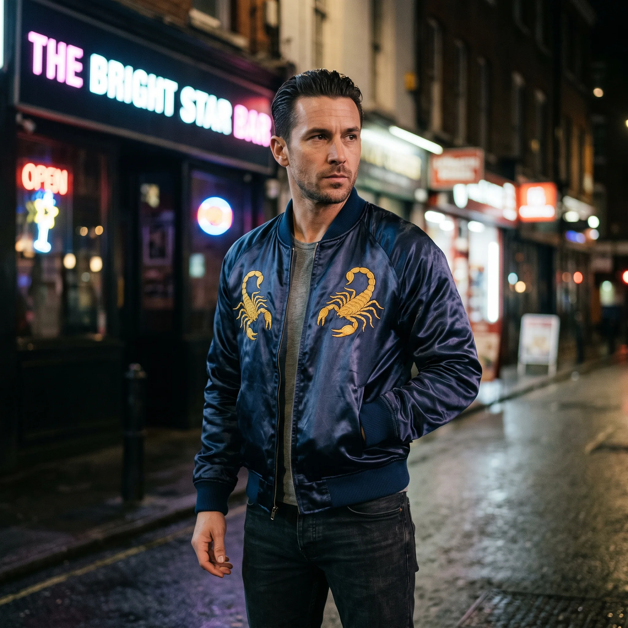 Midnight Blue Scorpion Satin Bomber Jacket