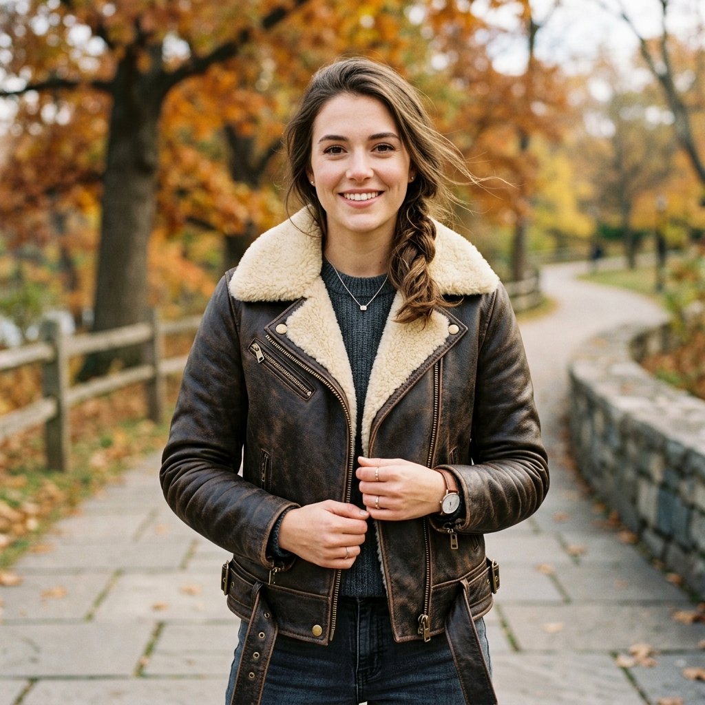 Women's Distressed Brown Shearling Collar Biker Jacket