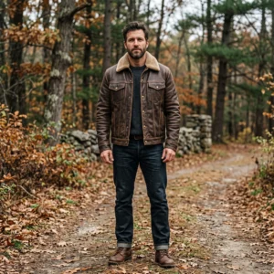 Men's Vintage Brown Shearling Collar Leather Trucker Jacket