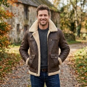 Men's Distressed Dark Brown Shearling Lined Leather Jacket