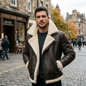 Men's Dark Brown Shearling Moto Jacket