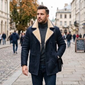 Navy Blue Shearling Lined Double-Breasted Peacoat for Men