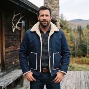 Men's Navy Canvas Shearling Western Jacket