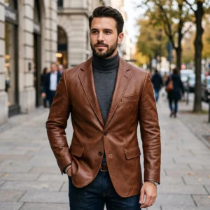 Men's Single-Button Cognac Brown Leather Blazer
