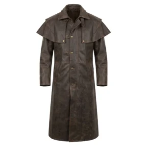 Men's Vintage Distressed Brown Leather Duster Coat with Shoulder Cape