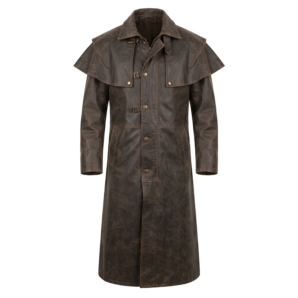 Men's Vintage Distressed Brown Leather Duster Coat with Shoulder Cape