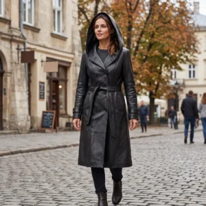 Women’s Black Long Hooded Leather Trench Coat