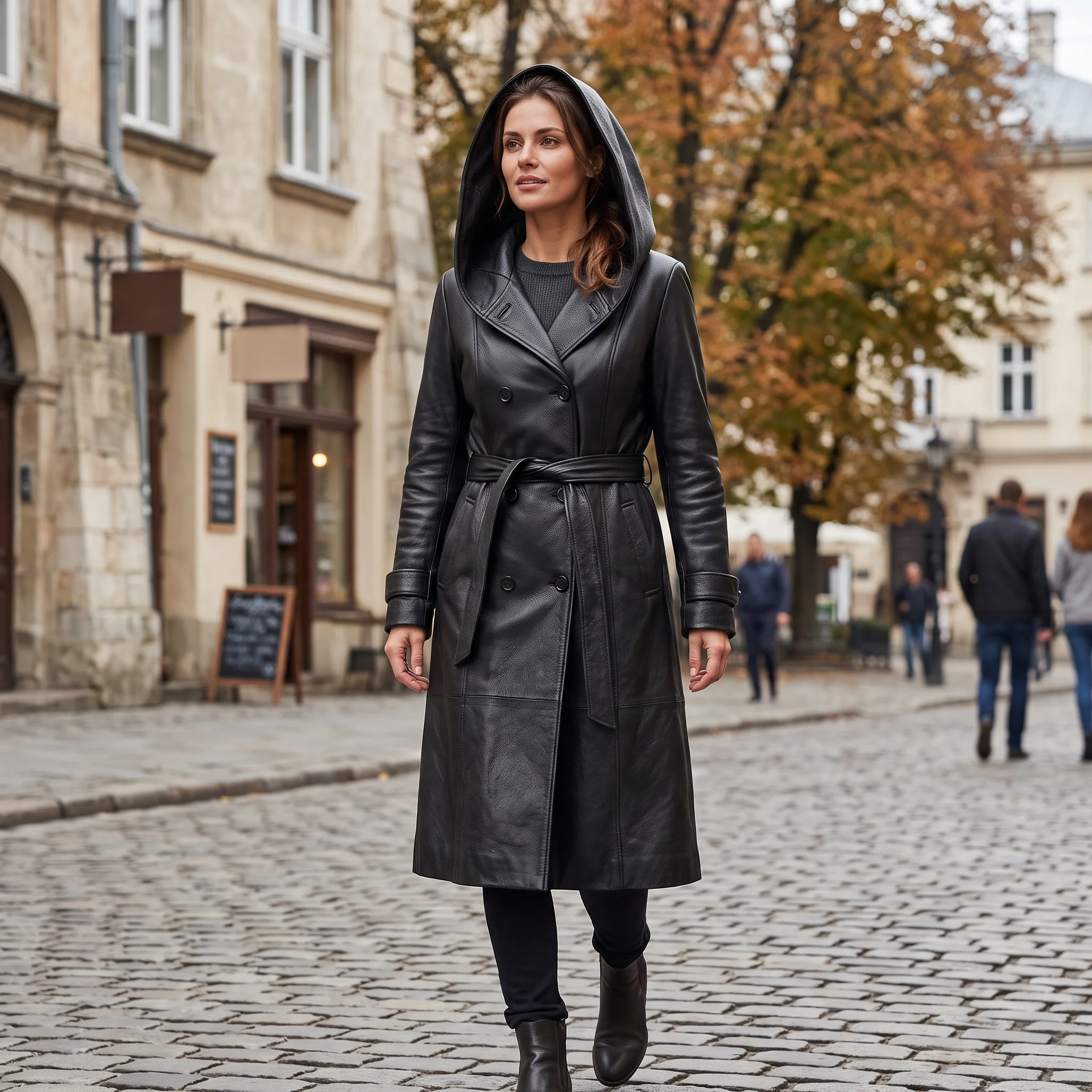 Women’s Black Long Hooded Leather Trench Coat