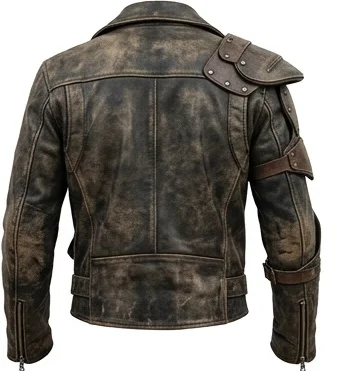 Men's Distressed Brown Leather Wasteland Rider Jacket with Shoulder Armor - Image 3
