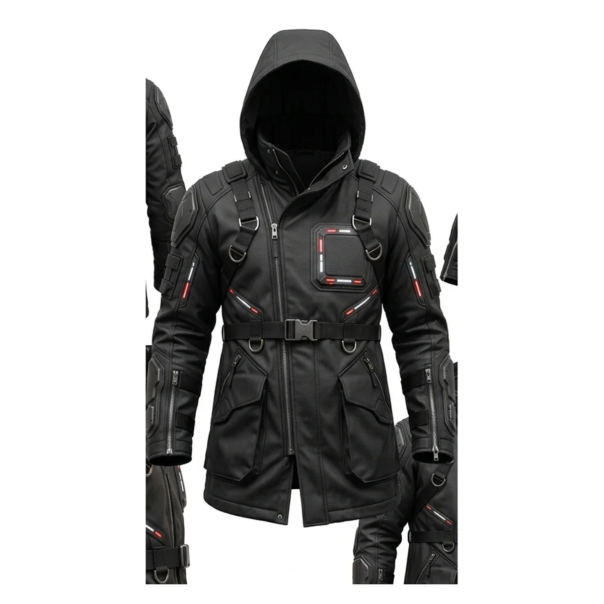 Men’s Futuristic Black Tactical Armored Coat with Hood - Image 2