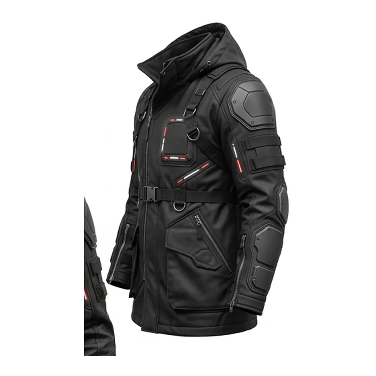 Men’s Futuristic Black Tactical Armored Coat with Hood - Image 3