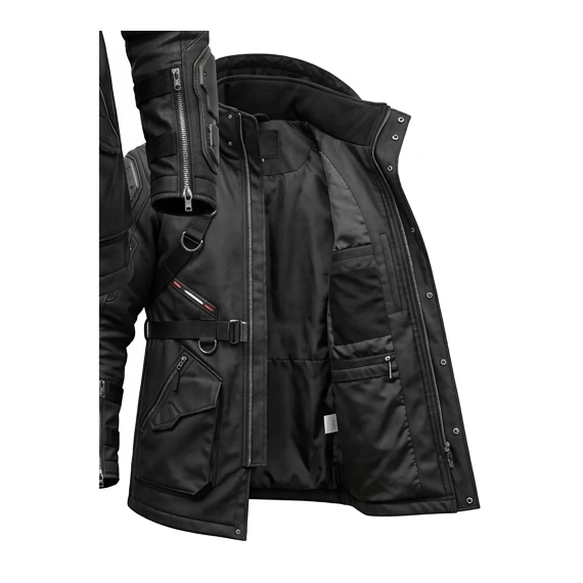Men’s Futuristic Black Tactical Armored Coat with Hood - Image 6