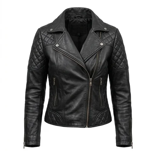 Women’s Black Quilted Leather Biker Jacket - Image 2