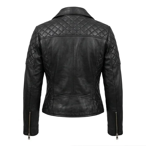 Women’s Black Quilted Leather Biker Jacket - Image 3