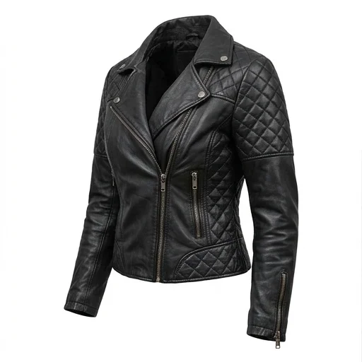Women’s Black Quilted Leather Biker Jacket - Image 4