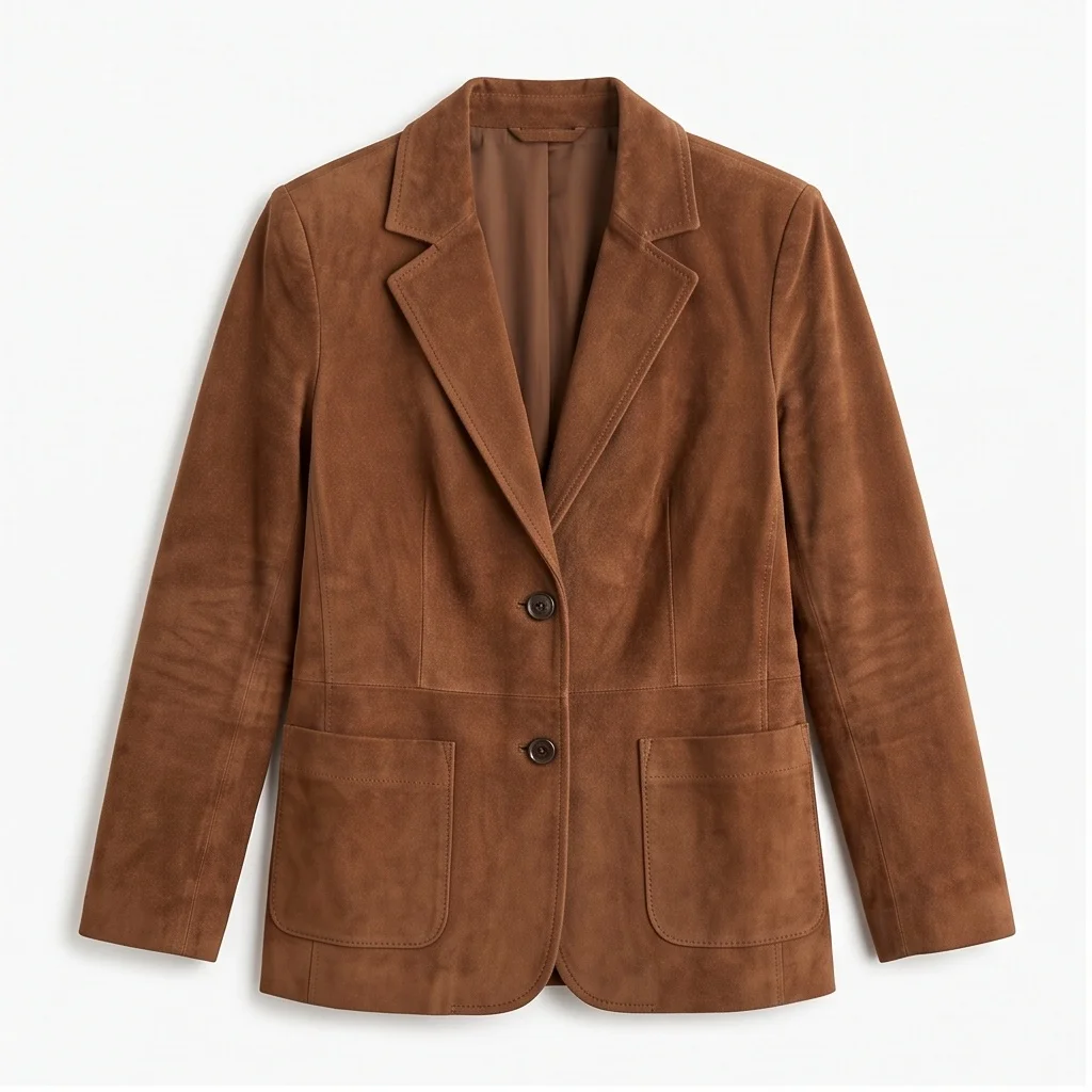 Women's Brown Suede Leather Blazer - Image 2