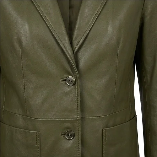Women’s Relaxed Fit Olive Green Real Leather Blazer - Image 5