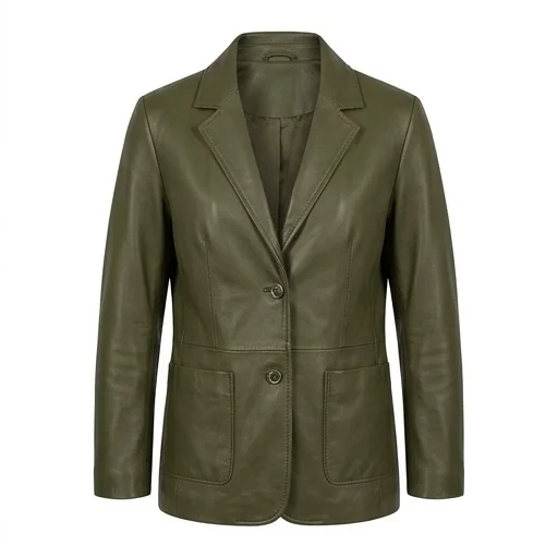 Women’s Relaxed Fit Olive Green Real Leather Blazer - Image 2