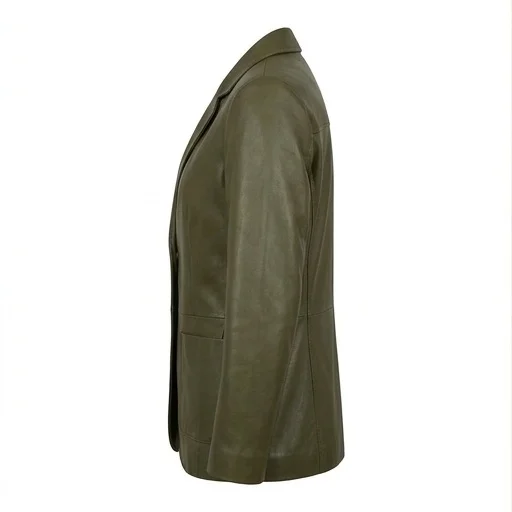 Women’s Relaxed Fit Olive Green Real Leather Blazer - Image 4
