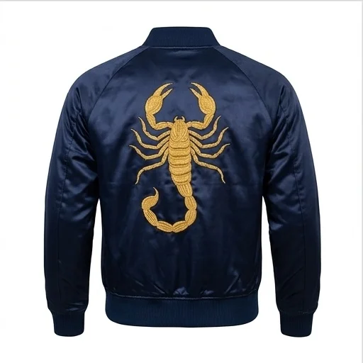 Midnight Blue Scorpion Satin Bomber Jacket - Image 3
