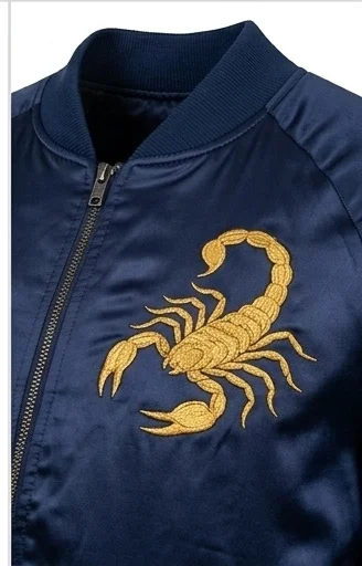 Midnight Blue Scorpion Satin Bomber Jacket - Image 4