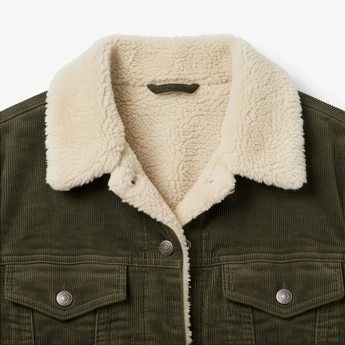 Women’s Olive Green Corduroy Shearling Trucker Jacket - Image 4
